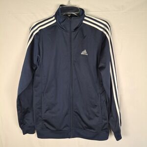 Adidas Track Jacket Men's Small Navy Blue Full Zip Three Stripe Sports Bomber